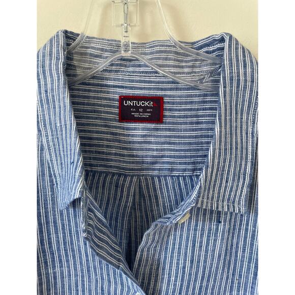 UNTUCKit Linen Striped Long Sleeve Blouse Shirt Blue White Size 12 NEW - Picture 7 of 9